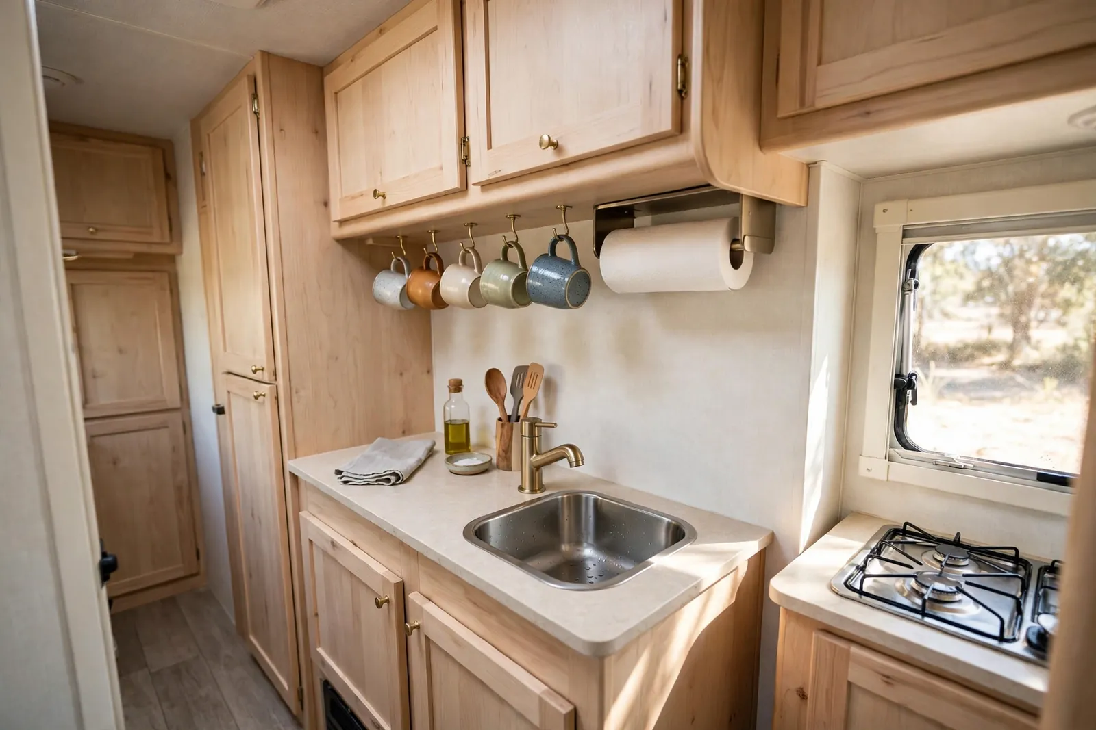 RV galley kitchen with mugs hanging from hooks under an upper cabinet and a paper towel holder mounted below