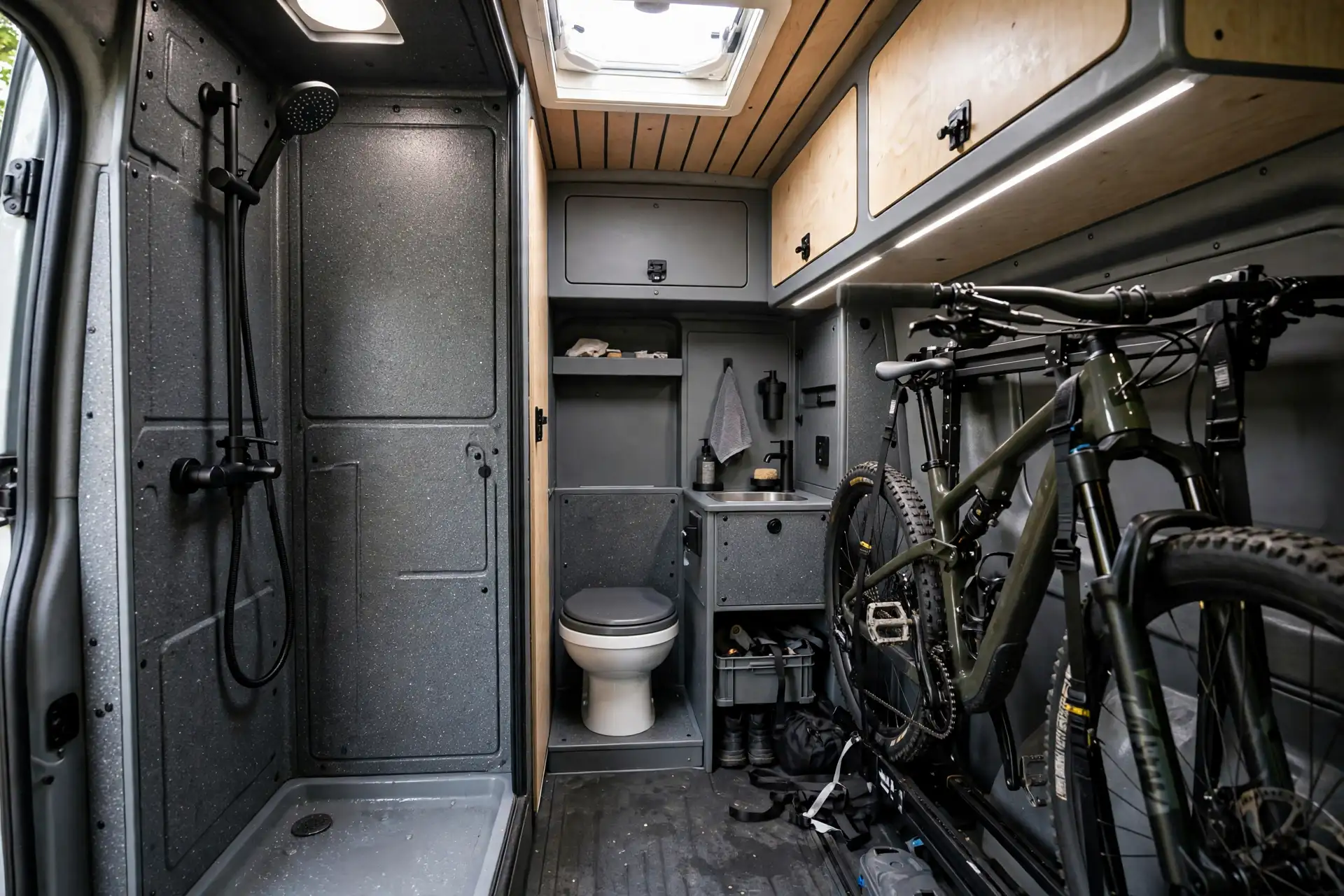 Camper van rear garage wet bath with shower, toilet and sink beside storage rails