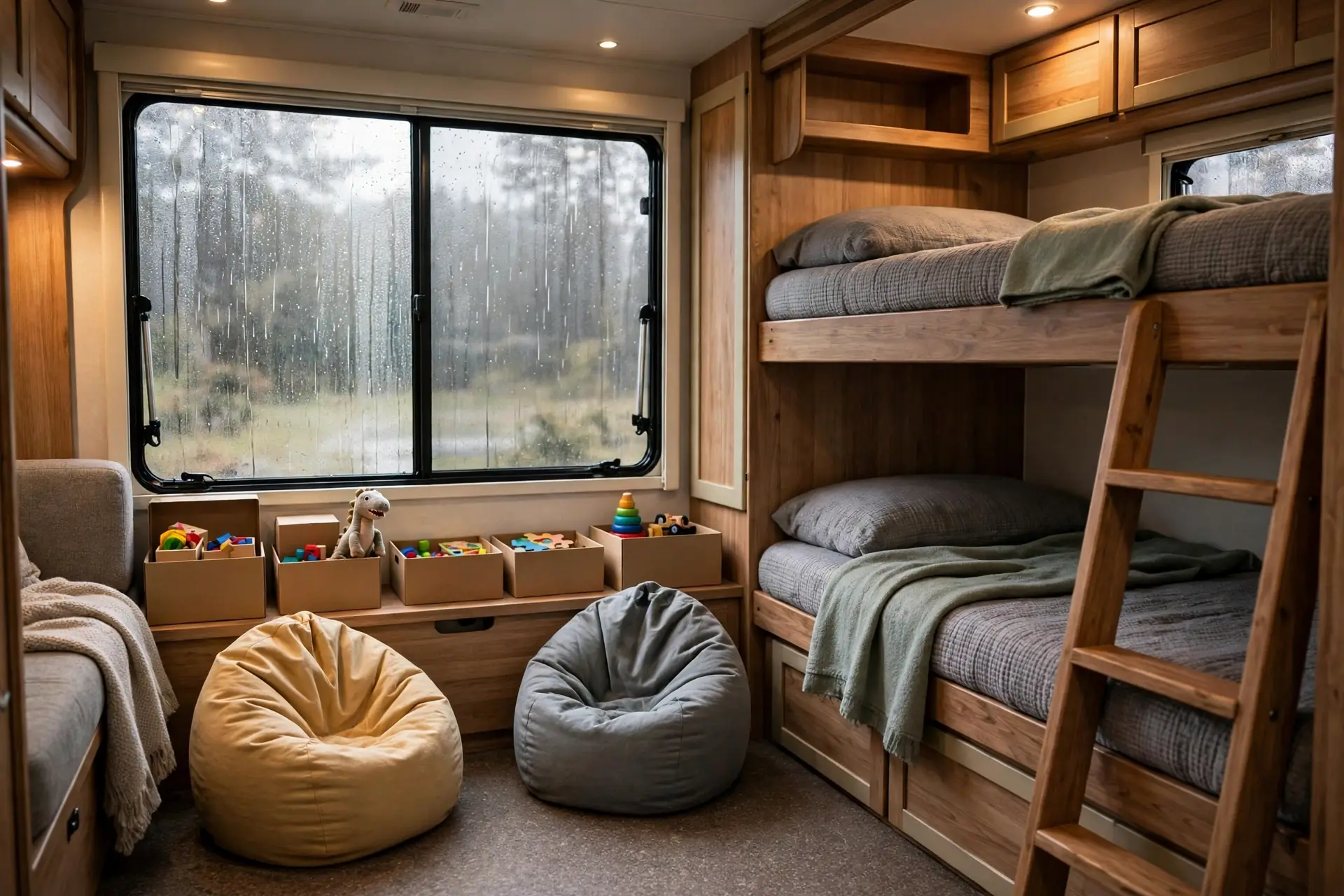 Family RV living room corner beside bunk beds with small bean bag chairs and a low toy shelf