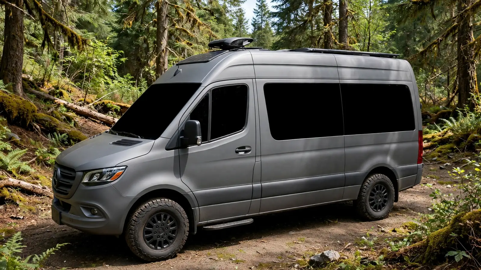 Stealth grey camper van with blackout windows in a forest hollow