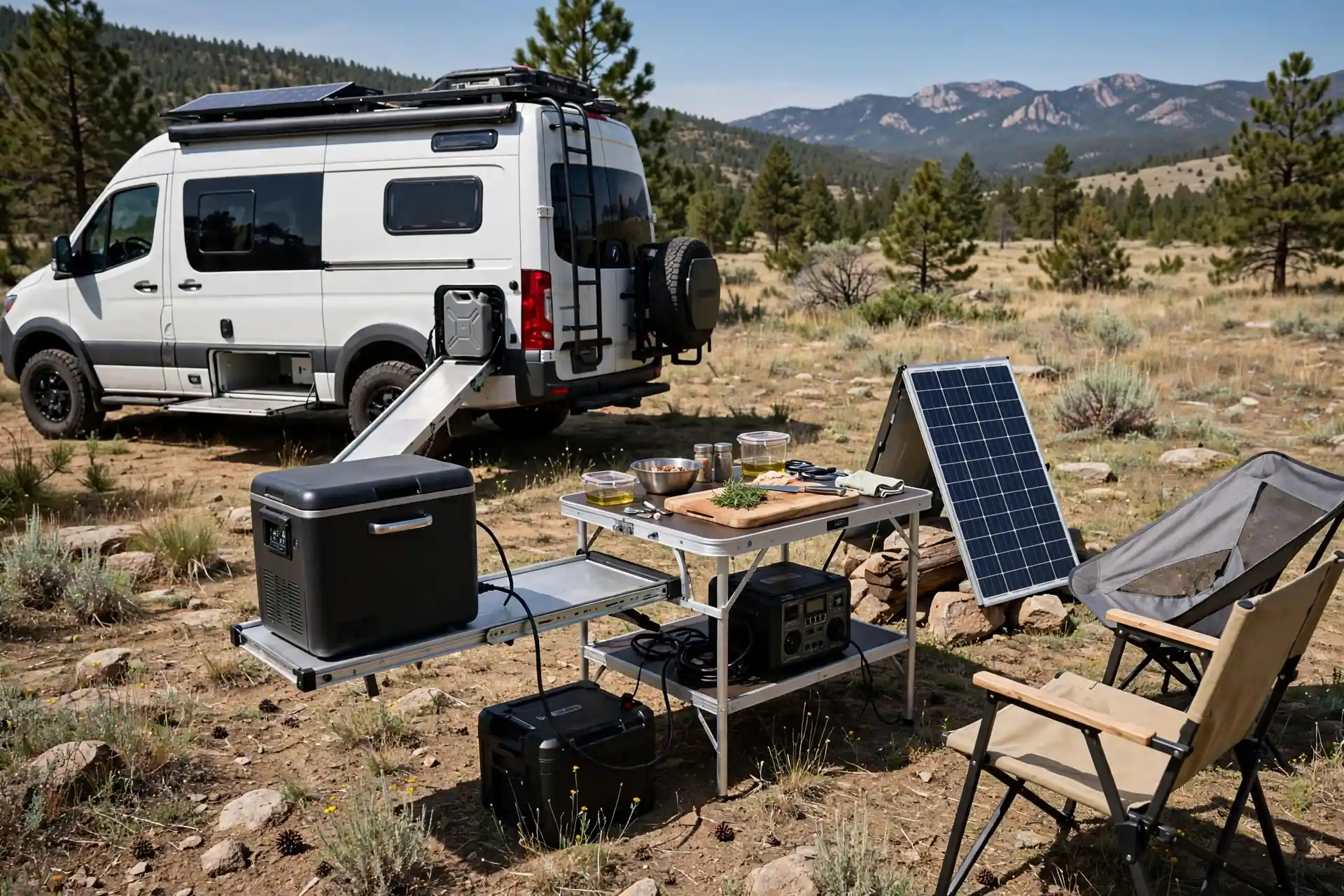Solar-powered portable fridge and prep island beside a camper van at an off-grid campsite
