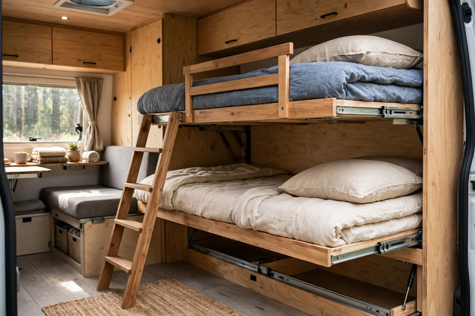 Camper van interior with two stacked pull-out bunk beds pulled out from a wall unit, bedding on both bunks, a wooden safety rail on the top bunk, and a wooden ladder beside them