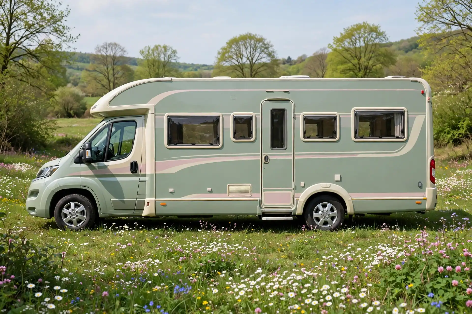 Soft sage and blush pastel motorhome exterior, full side view