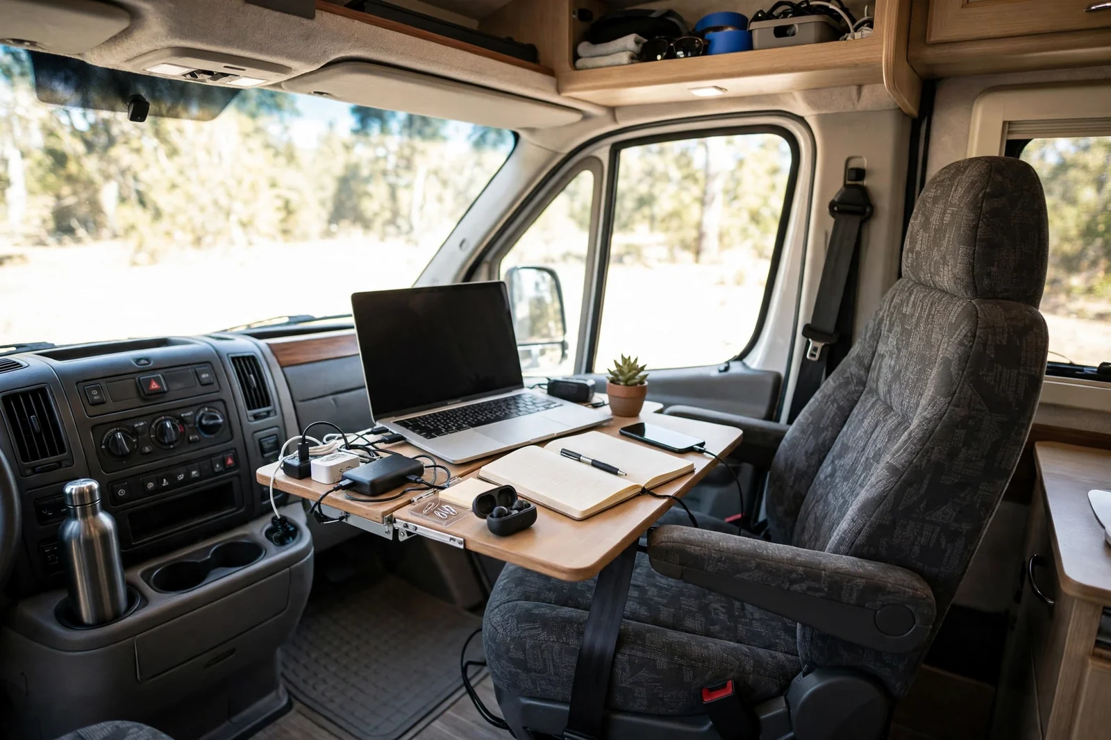 Camper van passenger seat converted into a mobile office with a fold-out desk tray, laptop, notebook and charging gear
