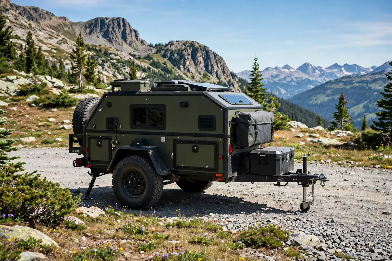 Rugged olive-green Mountain Basecamp Trailer parked on a mountain trail with peaks behind it
