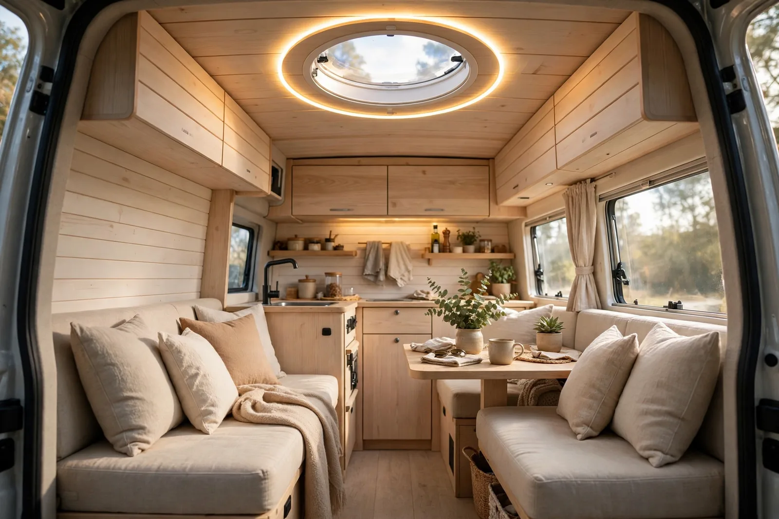 Cozy camper van interior in daytime with a round skylight in the ceiling ringed by a warm glowing halo light over the seating area