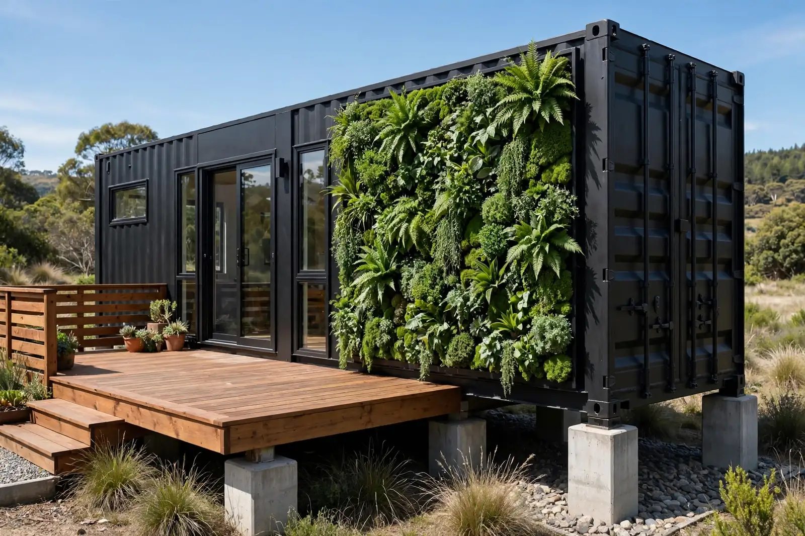 Black container home with one section covered in a lush living plant wall and wood deck