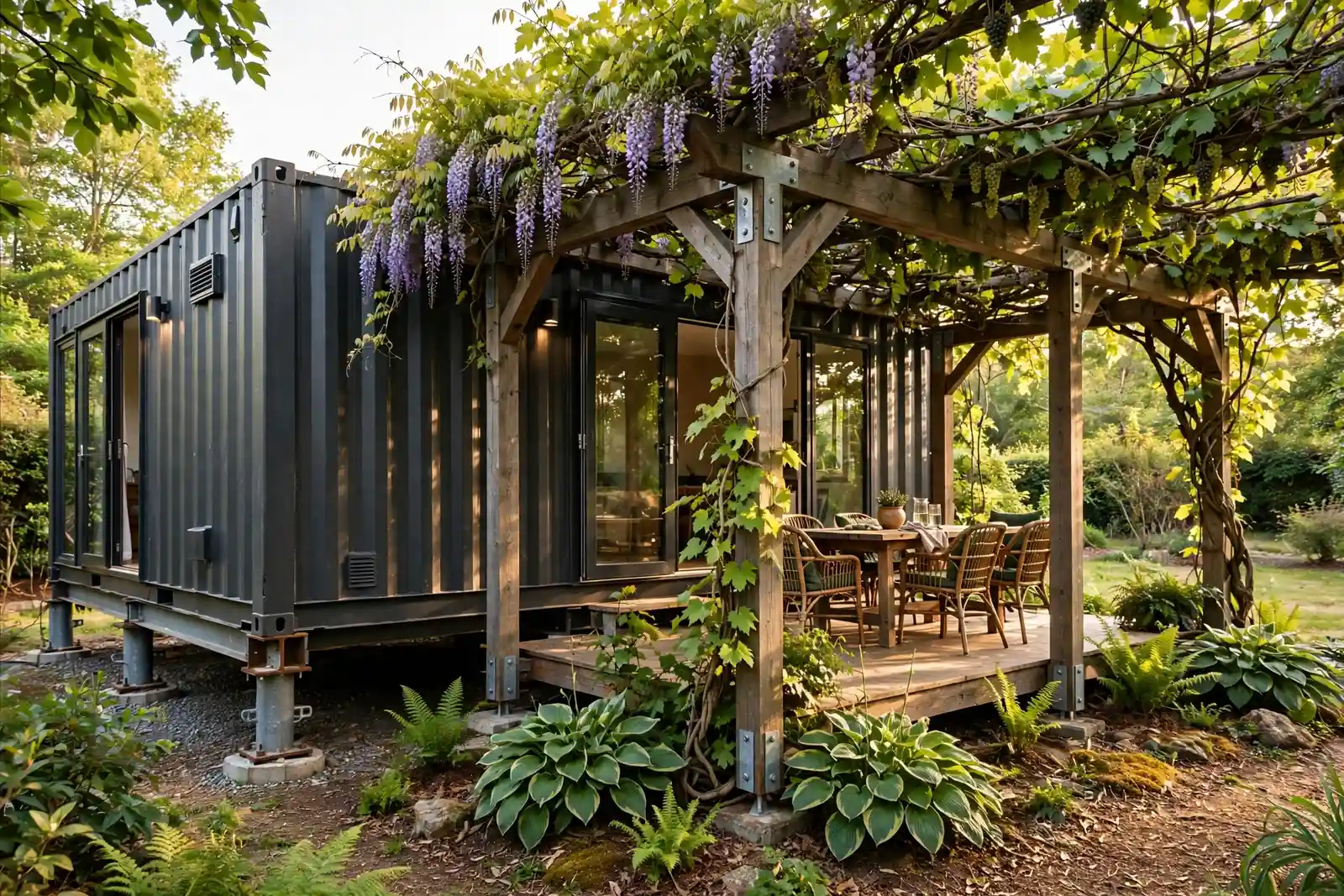 Shipping container home with a timber pergola covered in wisteria and grape vines shading a patio of hostas and ferns, on steel piers