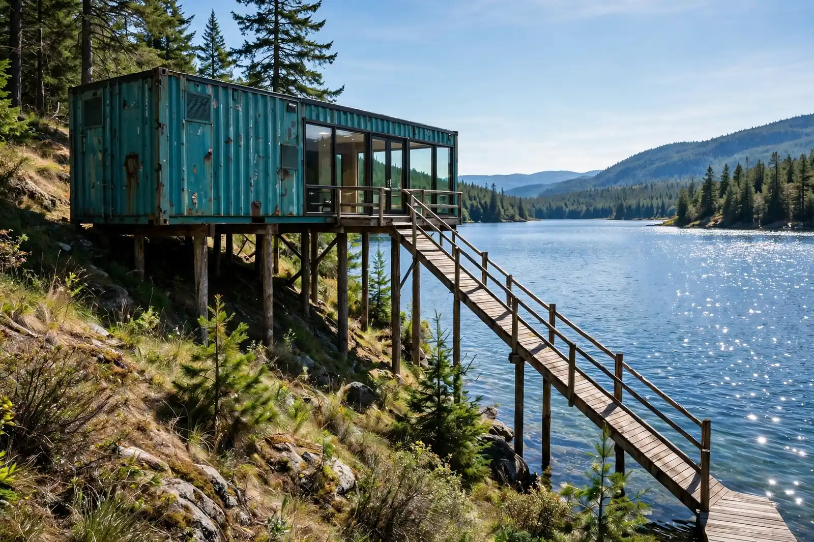 A weathered teal container home on a lakeside slope, held by tall timber piles, with a dock-style deck running toward the water.