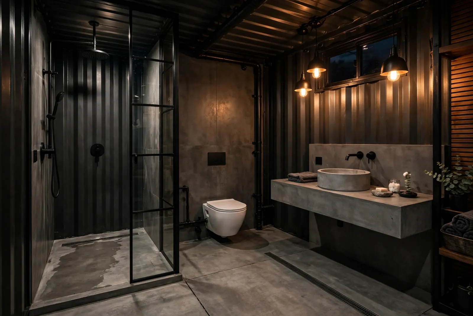 Complete container home wet room with black steel-framed glass partition, concrete-look tile, exposed black rainfall shower and floating vanity