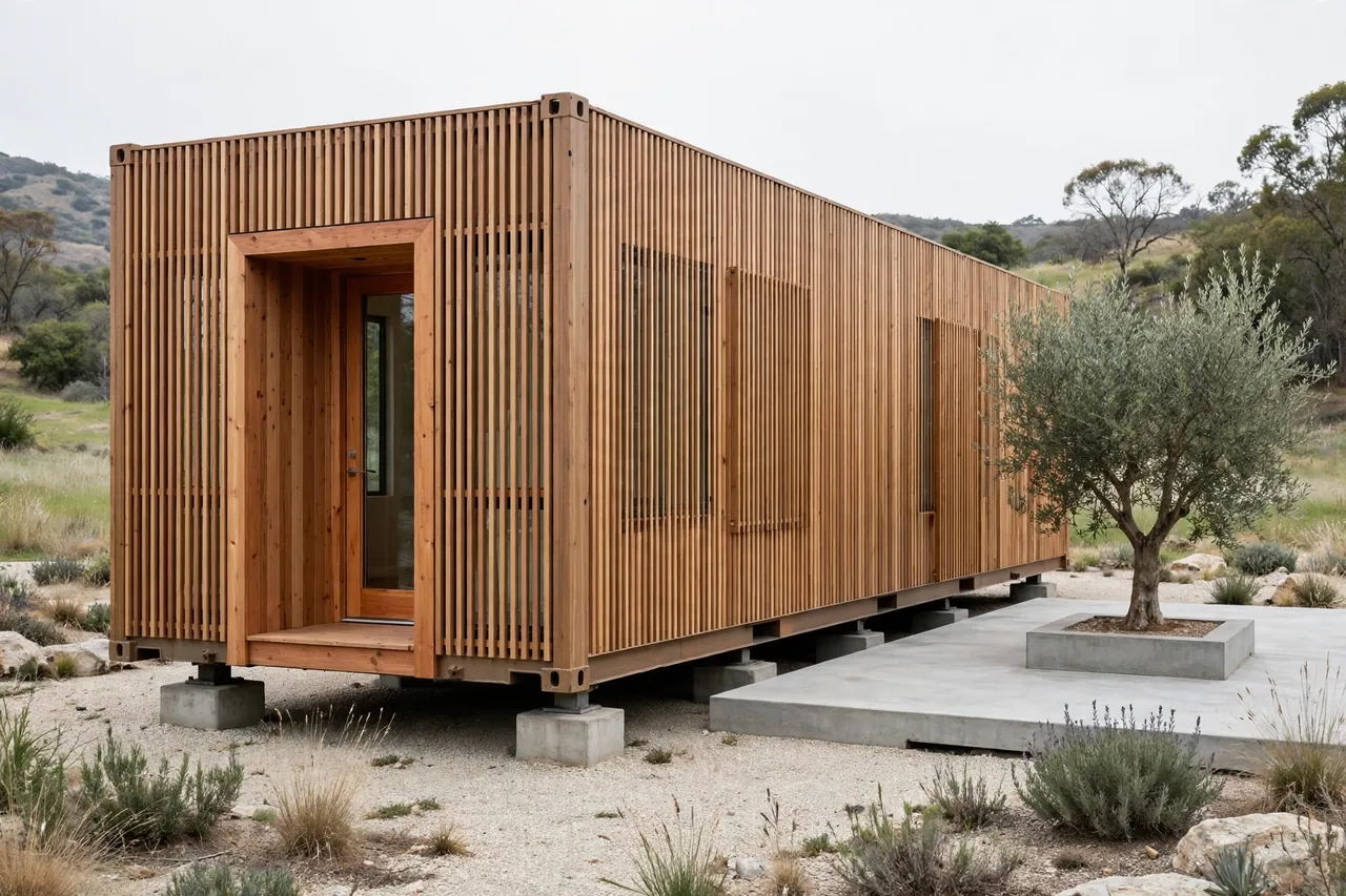 Cedar-clad modern shipping container guest house with slatted screens and entry portal