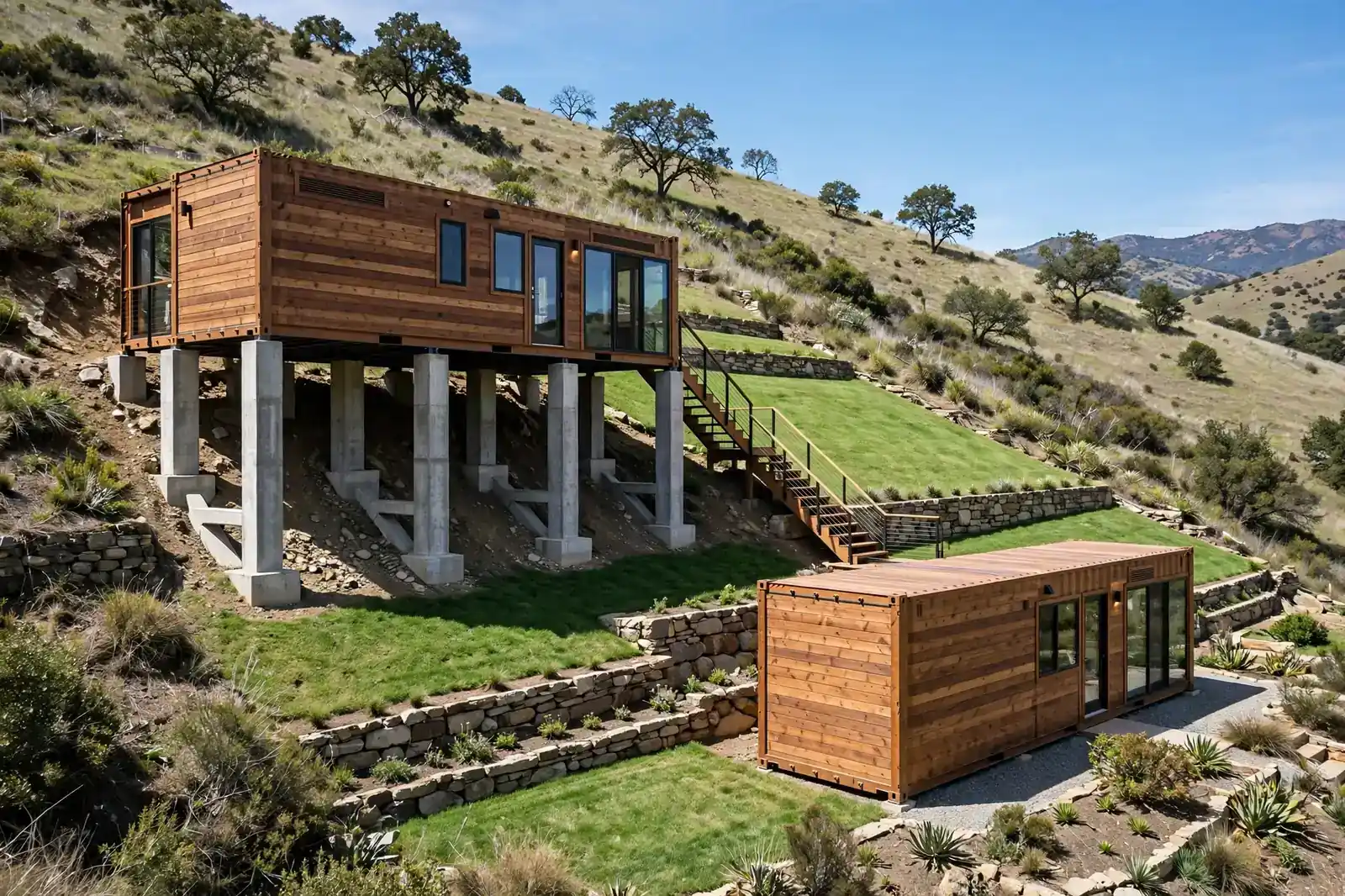 Exterior of two wood-clad containers on a sloped lot, the upper one raised on visible concrete support piers with connecting steps.