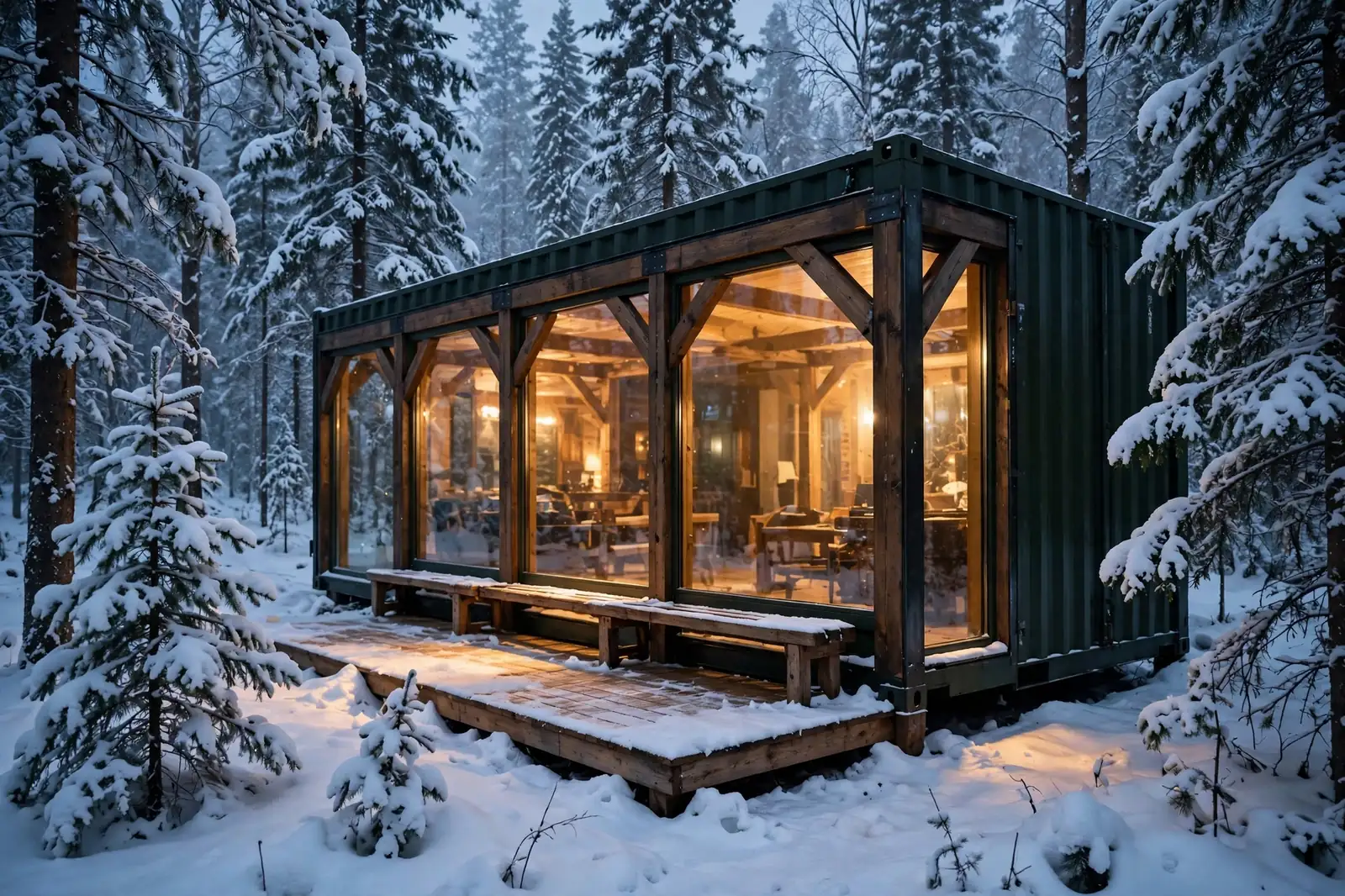 Dark-green shipping container lodge in a snowy forest at dusk with one entire long side of triple-glazed floor-to-ceiling glass in a sturdy timber-and-steel frame, warm golden interior light glowing through the glass onto the snow, cleared deck with a bench along the glass, snow-laden spruce trees around