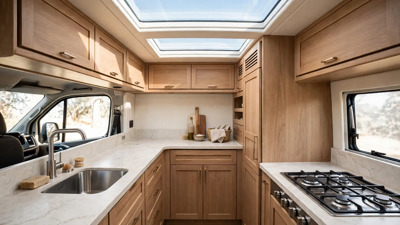 High-roof camper van with U-shaped wraparound kitchen counters