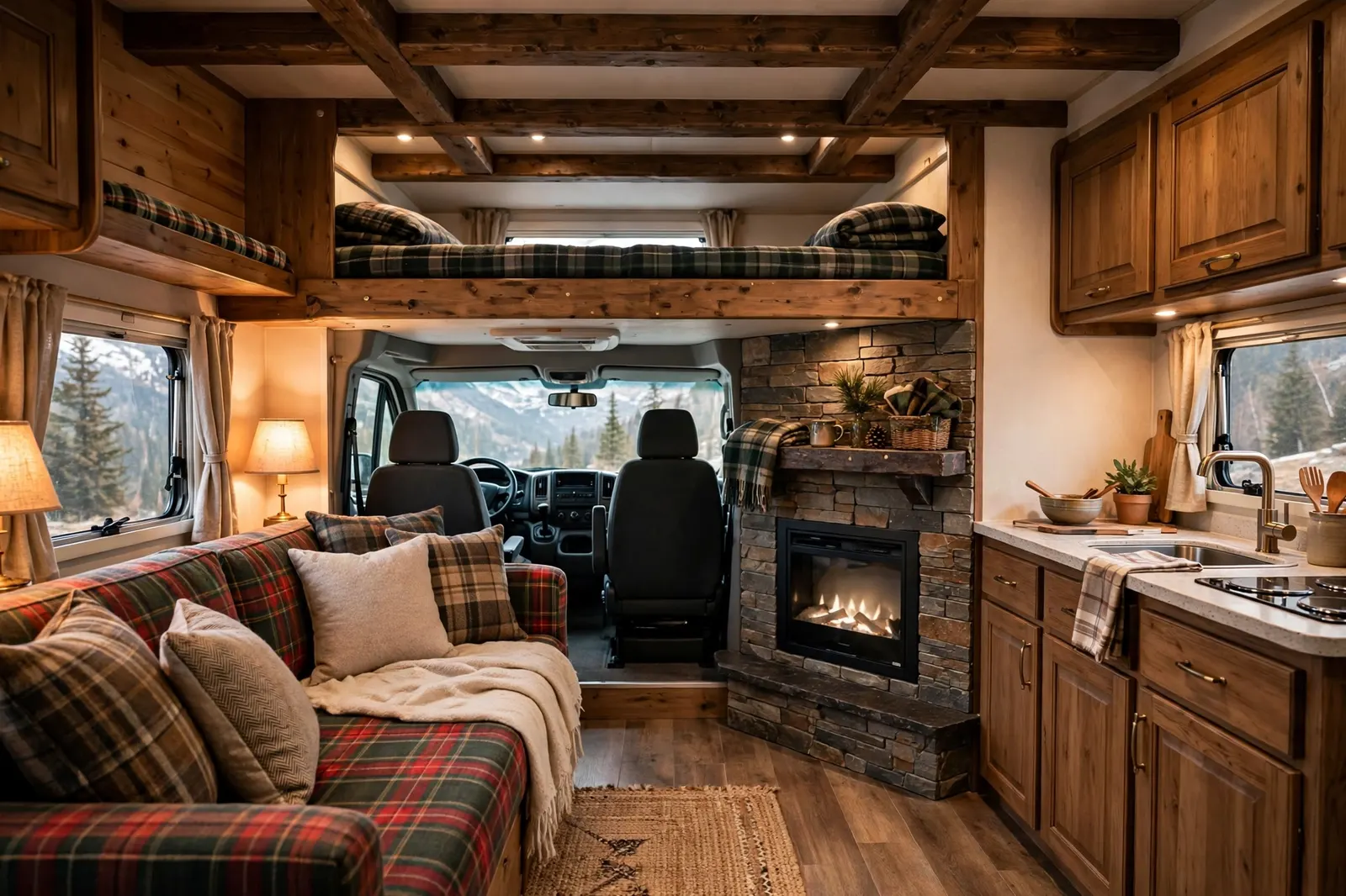 Renovated Class C motorhome interior in mountain lodge style with timber ceiling beams, stone electric fireplace, plaid flannel sofa and cab-over bunk with plaid bedding.