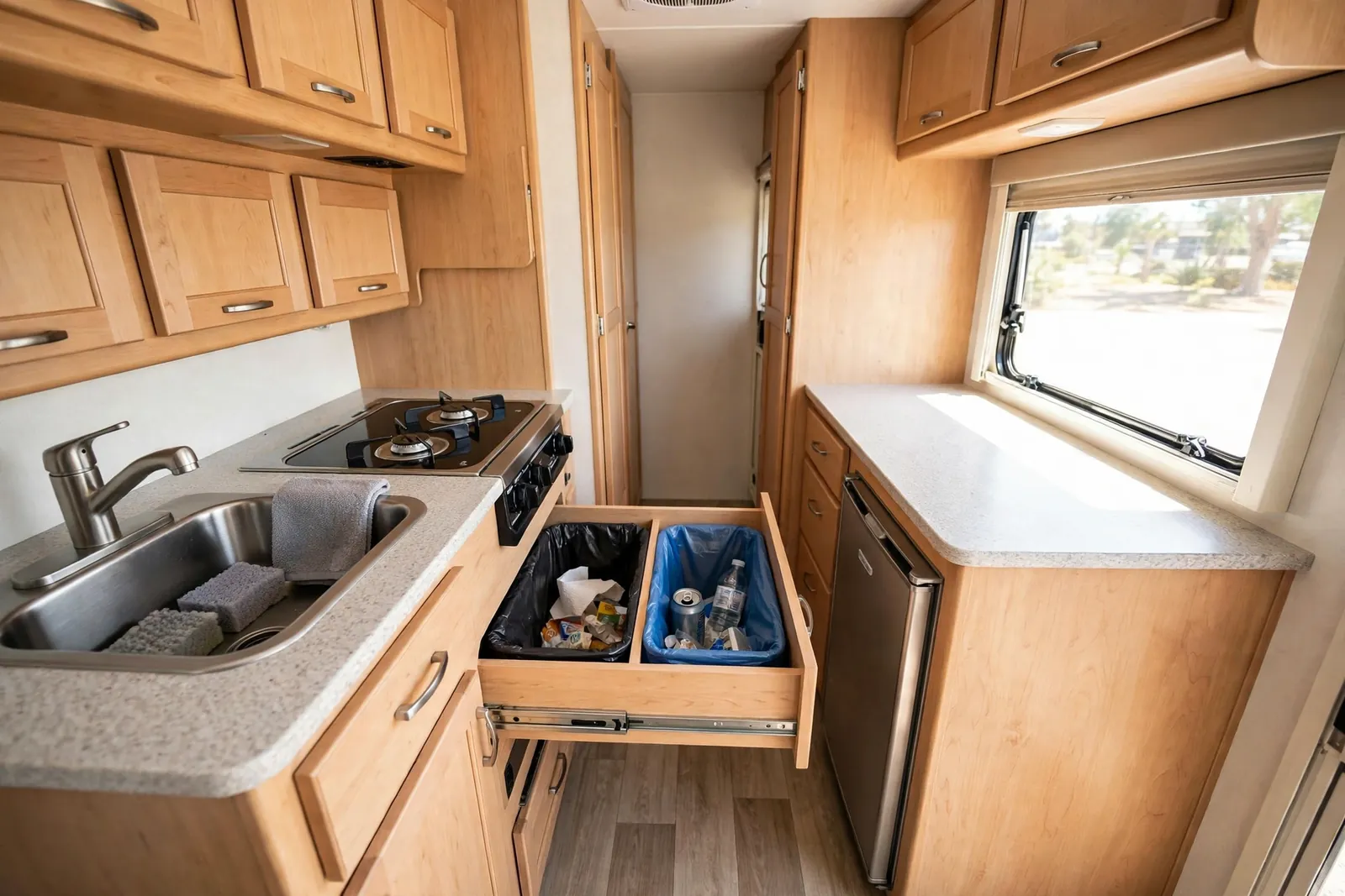 RV galley kitchen with a slide-out trash and recycling drawer pulled open under the counter showing two bins