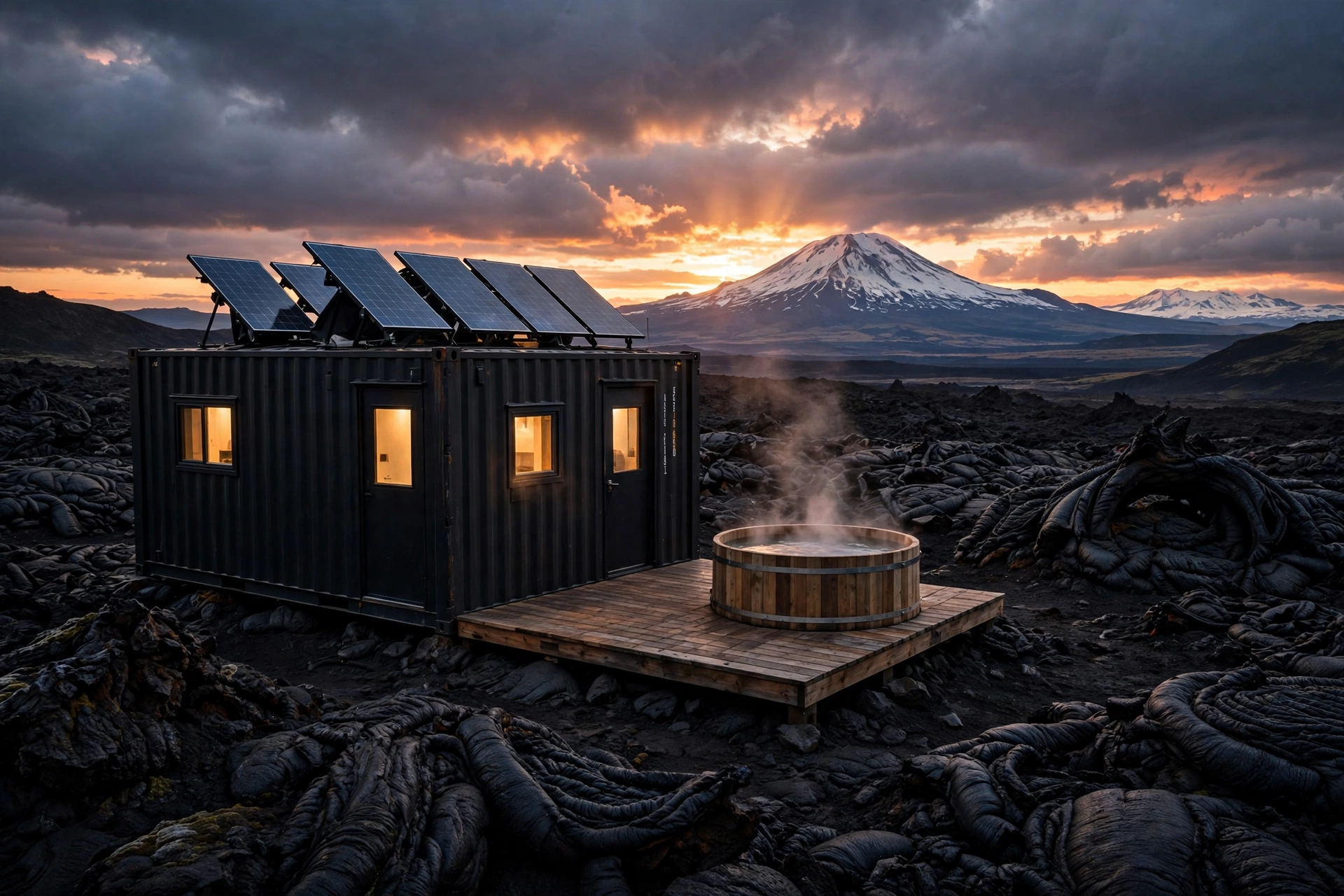 Off-grid matte black container cabin on a black lava field with a hot tub on the deck facing a snow-capped volcano and tilted solar panels