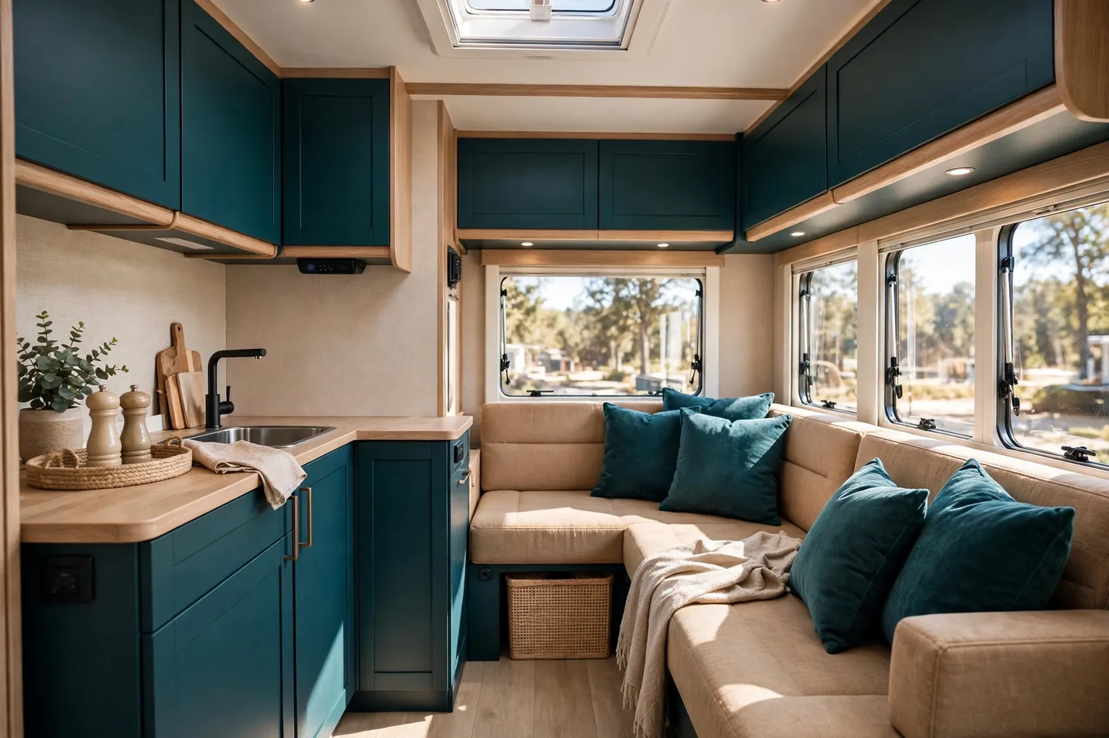 Teal and warm sand motorhome interior