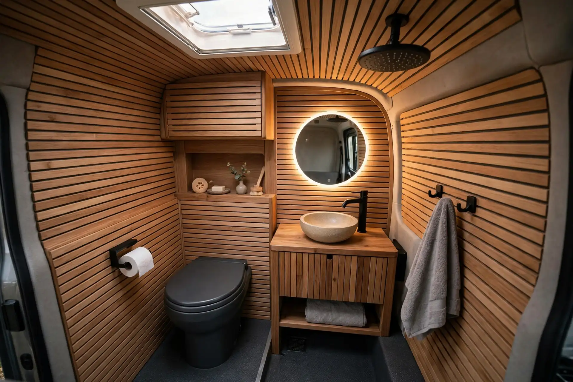Luxury spa-style camper van wet bath with backlit round mirror, rainfall shower, toilet and vessel sink