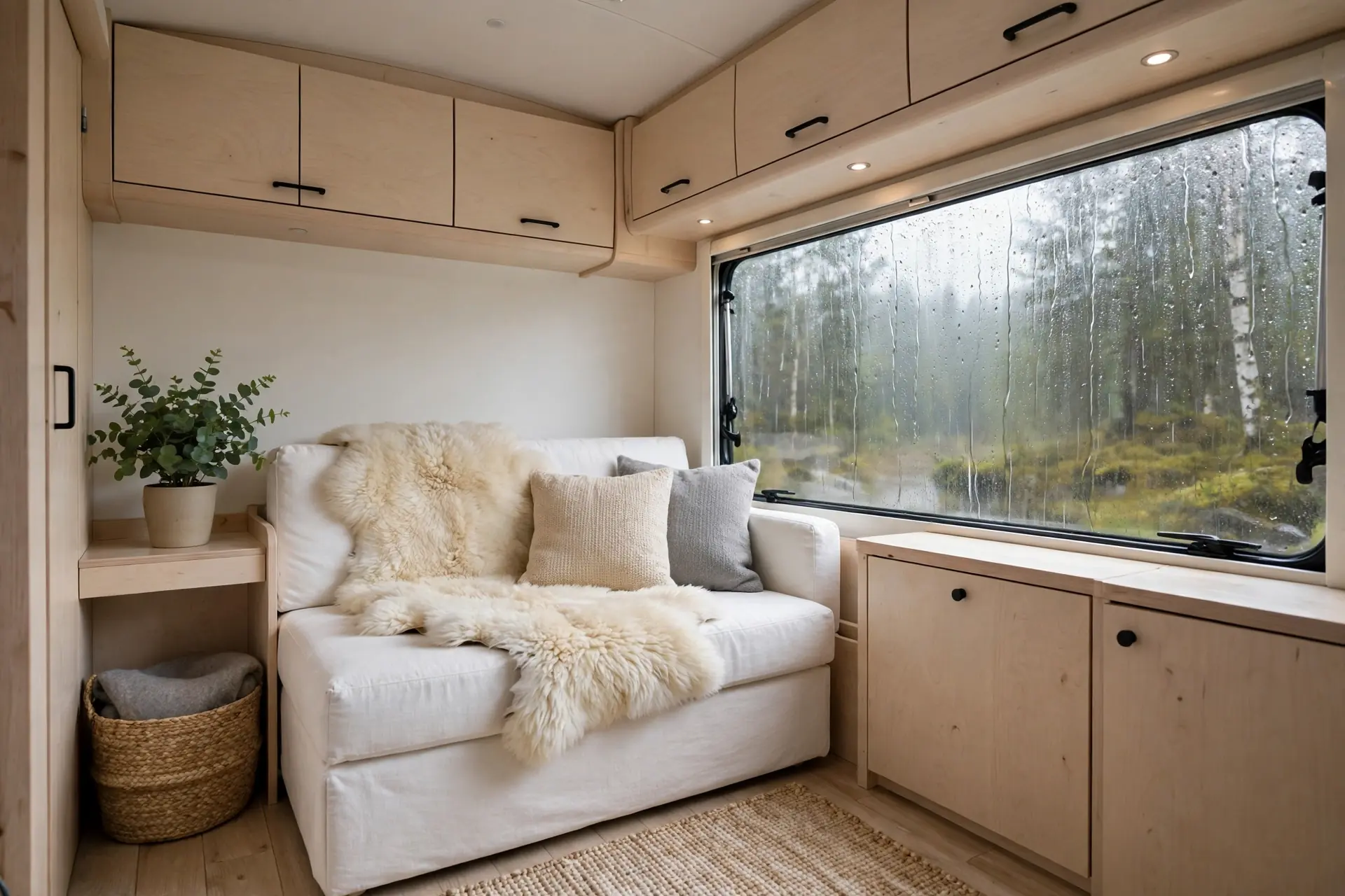 Bright Scandinavian style RV living room with light wood cabinets, white compact sofa and sheepskin throws