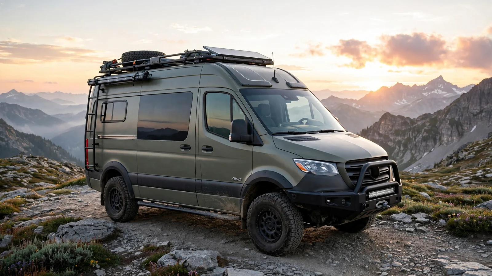 AWD camper van with roof rack at a mountain summit trailhead at sunrise