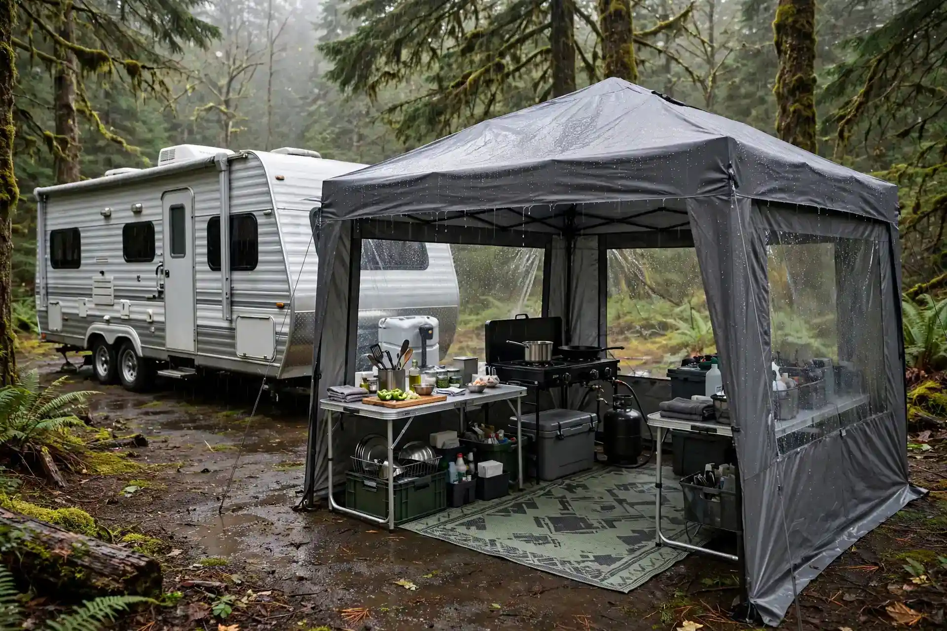 Rain-ready covered camp kitchen under a pop-up canopy beside a travel trailer at a forest campsite