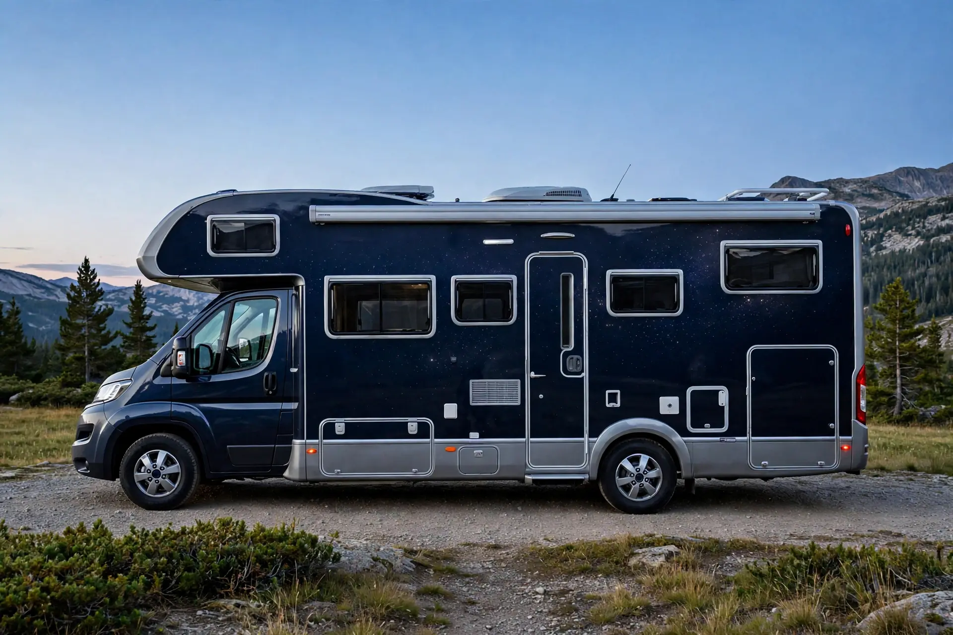 Midnight navy motorhome with silver starlight accents, full side view