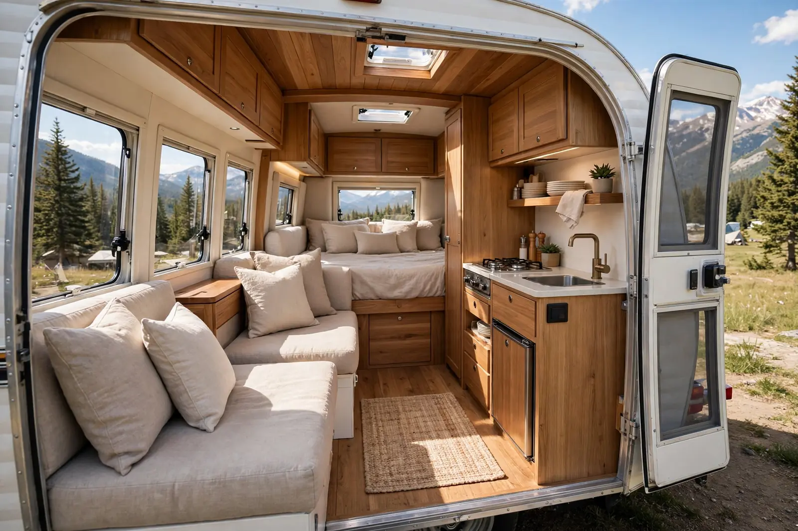Bright, luxurious tiny camper trailer interior with a lounge seating area and a cozy bed, finished in warm wood and soft neutral fabrics