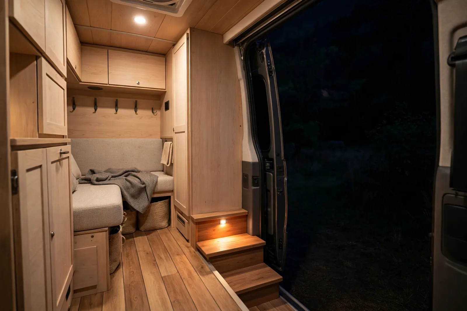 Cozy camper van entryway at night with a small warm step light glowing beside the sliding door steps and a soft ceiling light