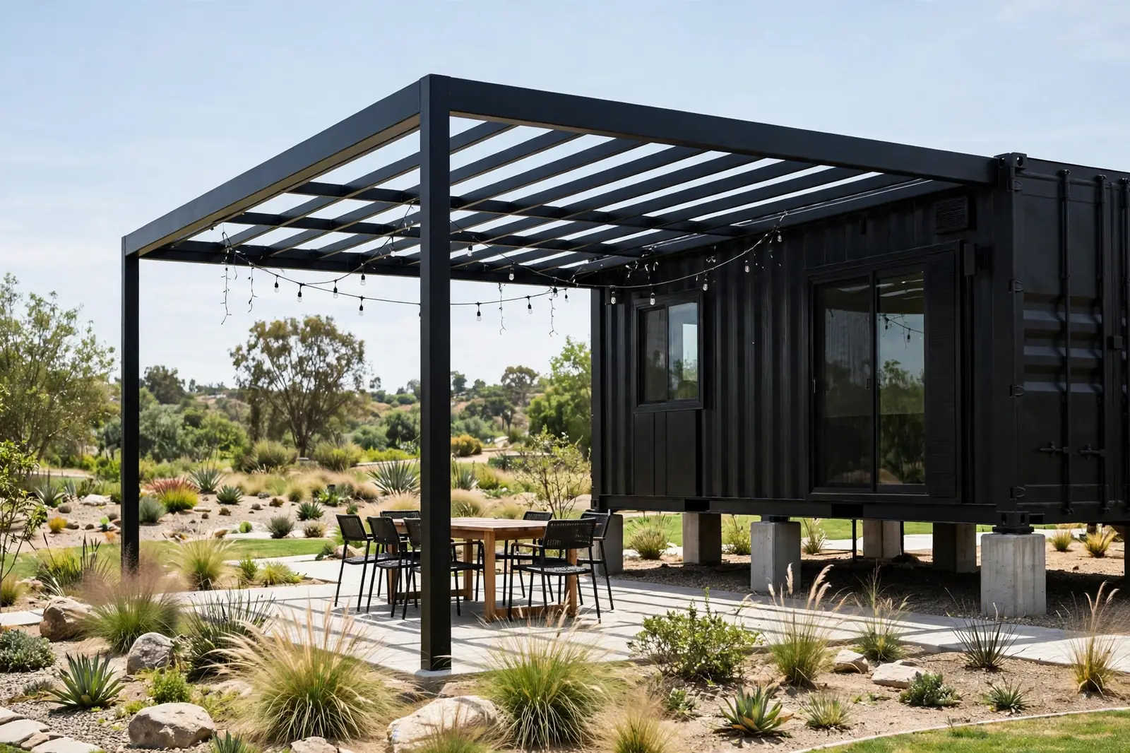 Black steel pergola extending from the black container home over a patio dining set in a landscaped yard