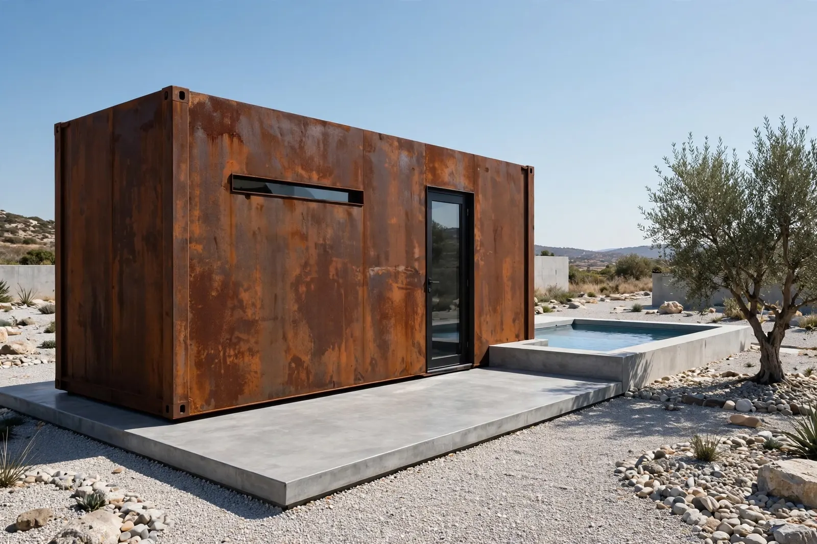 A raw corten steel 40ft container with minimal openings beside a concrete pool