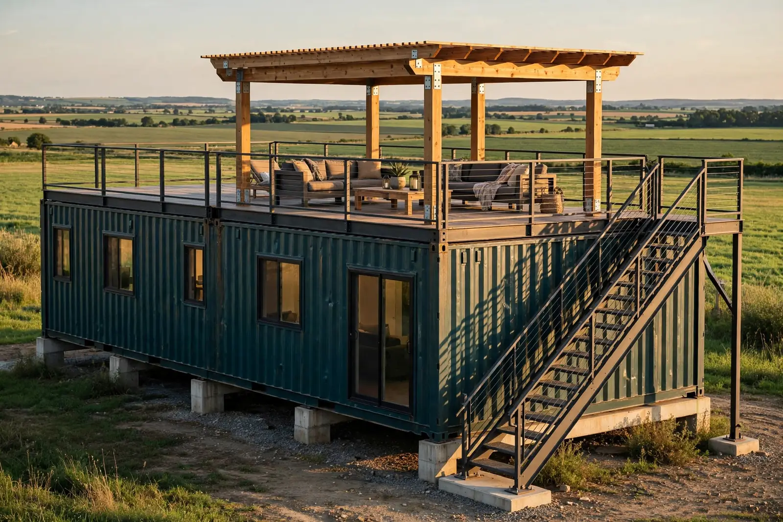 Dark-teal double-wide container home with an external steel staircase leading to a rooftop deck, where a cedar pergola with a slatted roof shades a lounge with views over green fields.