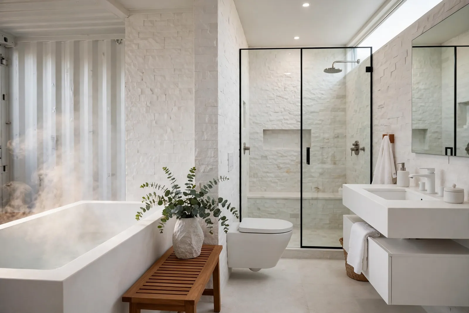 Complete container home spa bathroom with all-white stone tile, deep soaking tub, teak bench, eucalyptus sprigs and walk-in shower
