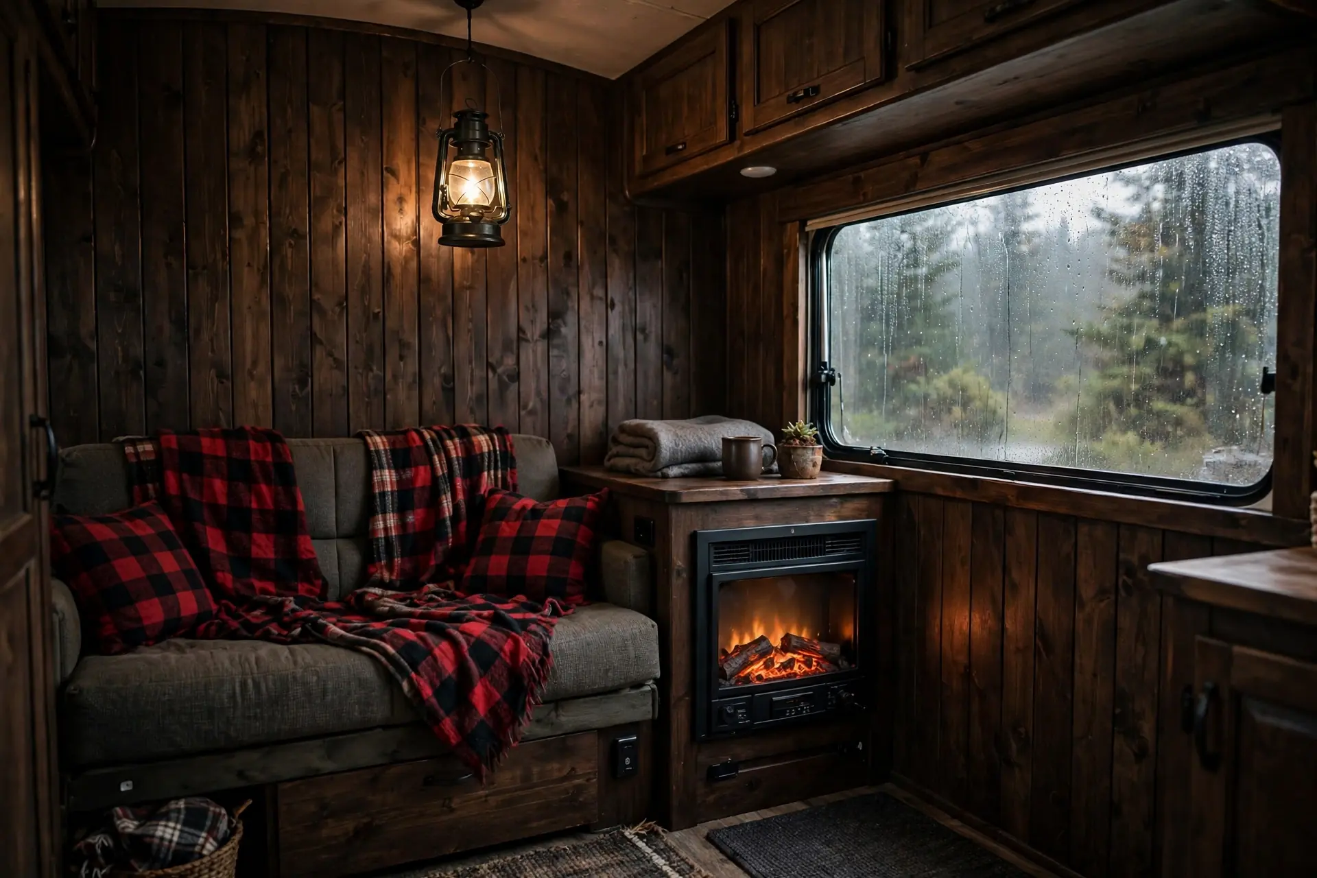 Rustic cabin style RV living room with dark wood paneling, plaid throws and lantern lighting