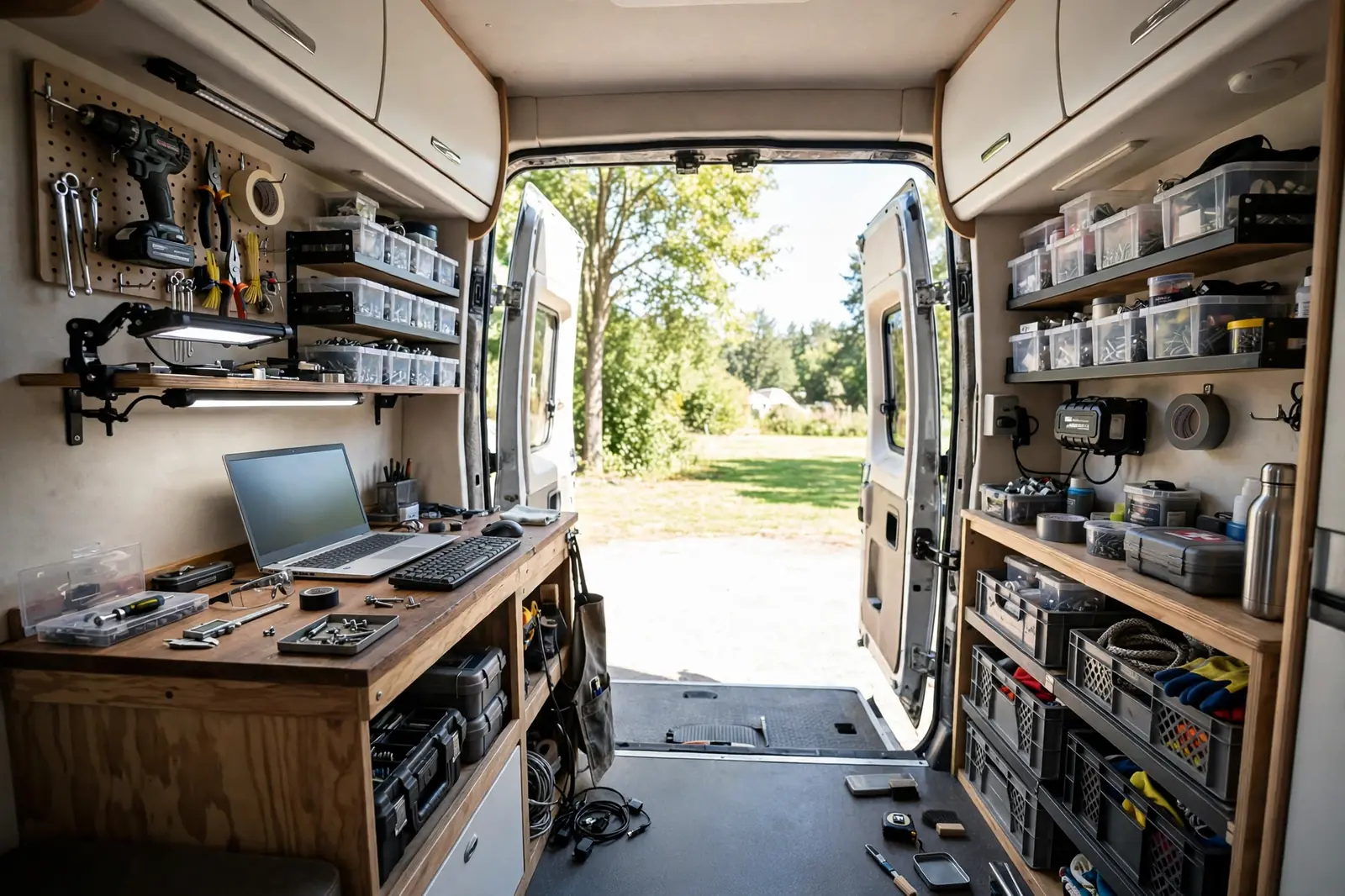 Rear garage of a camper van converted into a workshop office with a workbench desk, laptop, tool storage and shelving, rear doors open to daylight