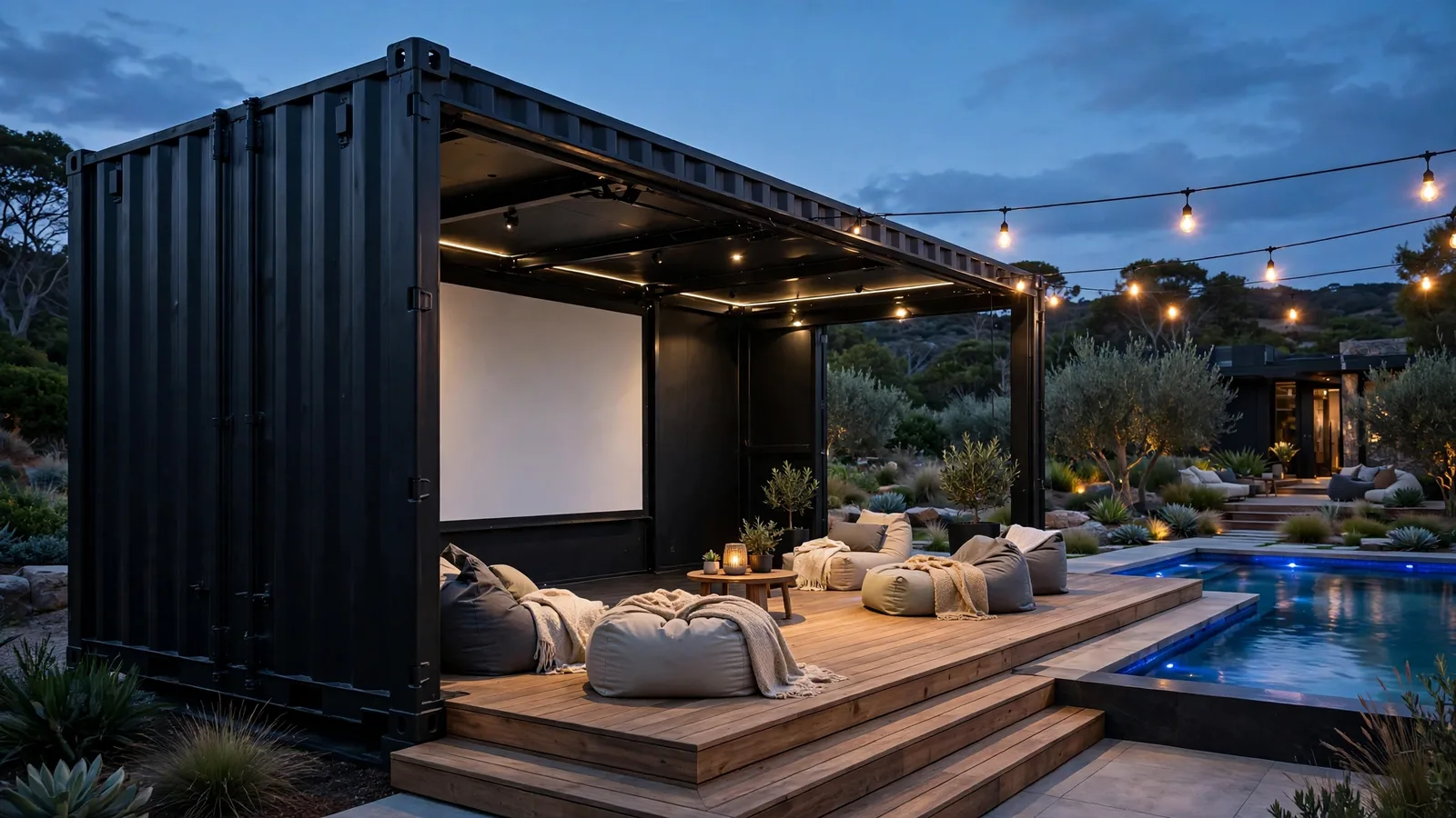 A matte-black 40ft container with a projection screen facing a tiered deck by a pool
