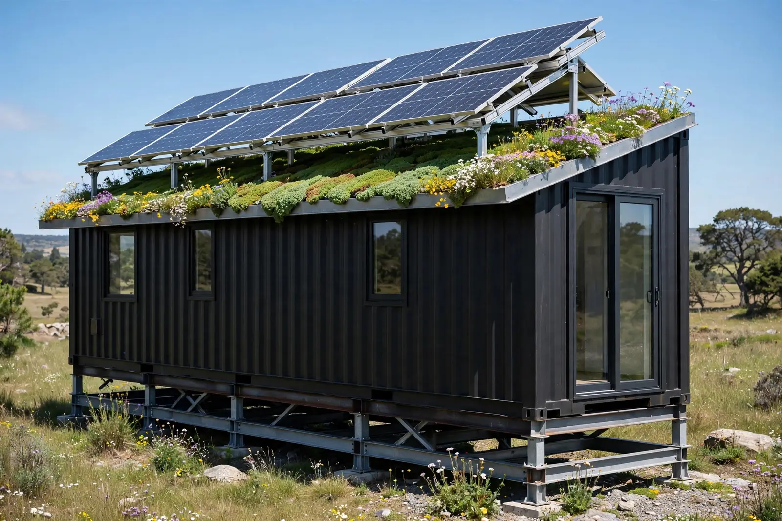 Shipping container home on steel piers with solar panels mounted on rails above a sedum and wildflower green roof