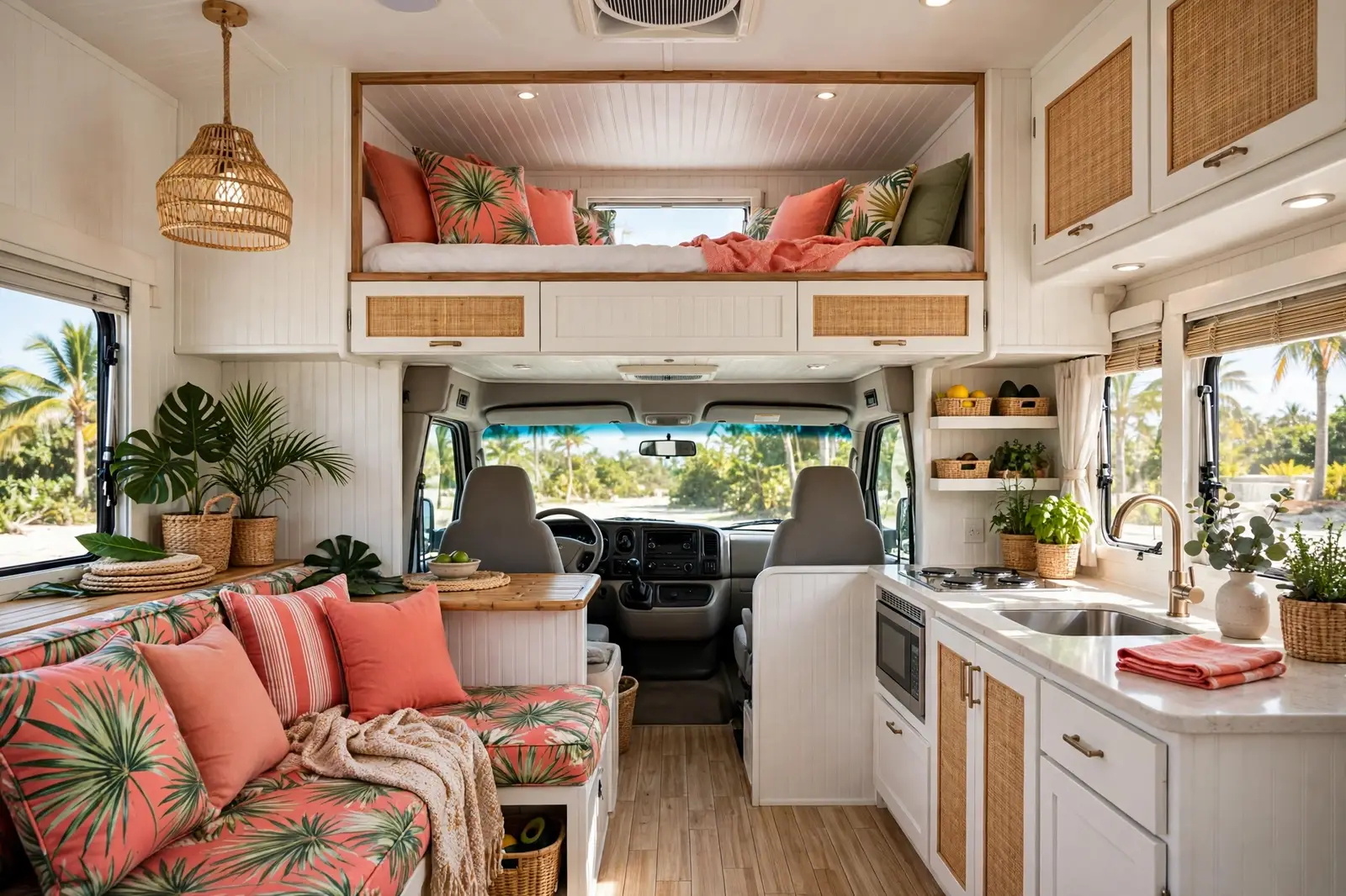 Renovated Class C motorhome interior in tropical style with coral palm-print cushions, white beadboard walls, rattan pendant light and cab-over bunk with palm bedding.