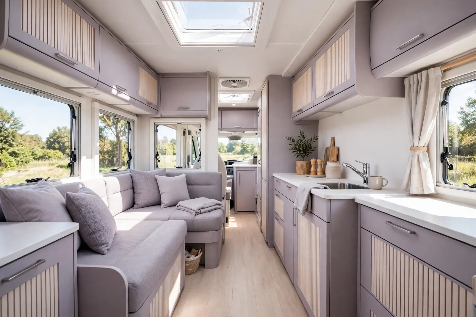 Lavender grey and white motorhome interior