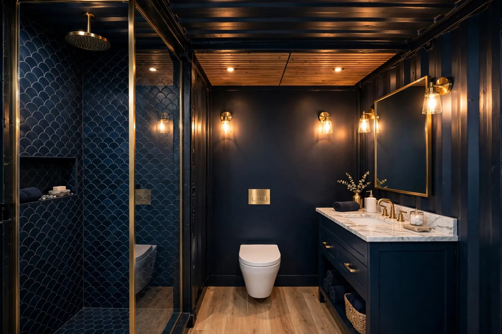 Complete container home bathroom with midnight navy fish-scale tile shower, brushed gold fixtures, navy vanity with marble top and wall-hung toilet