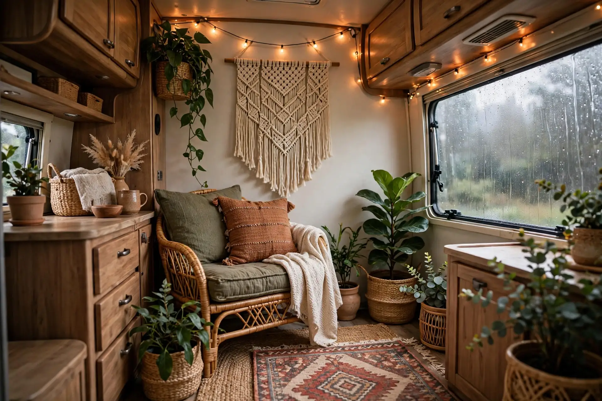 Boho style RV living room with layered rugs, a rattan chair, macrame wall hanging and string lights