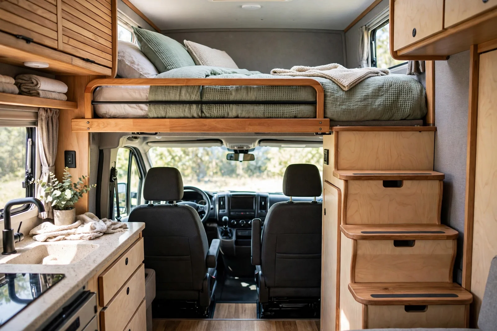 Fixed overhead cabover bed made up with sage green bedding and pillows in a larger camper van, with a wooden safety rail, wooden steps on the right, and the driver and passenger cab seats visible below the bed