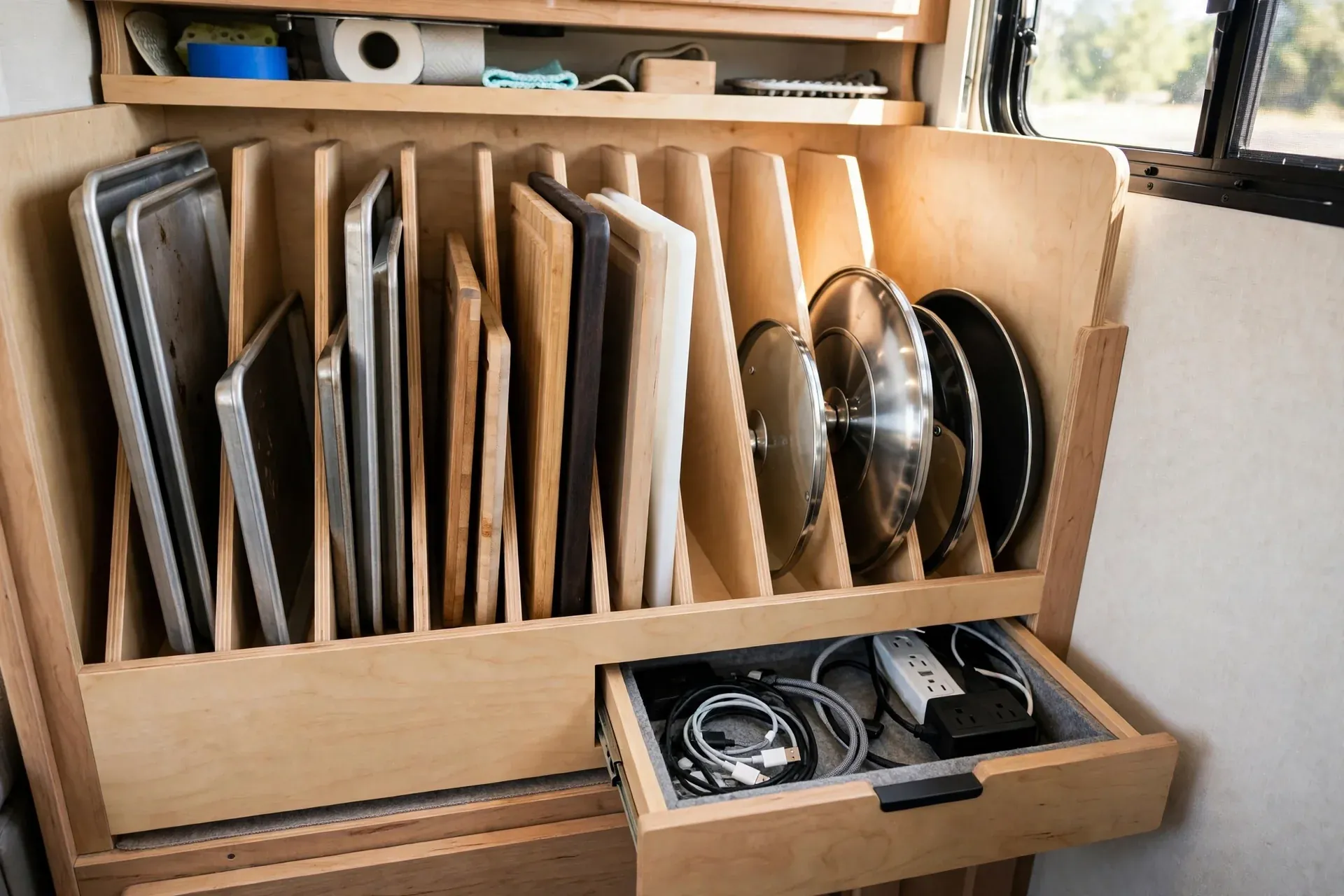 RV storage area with baking sheets, boards and lids filed upright plus a charging drawer