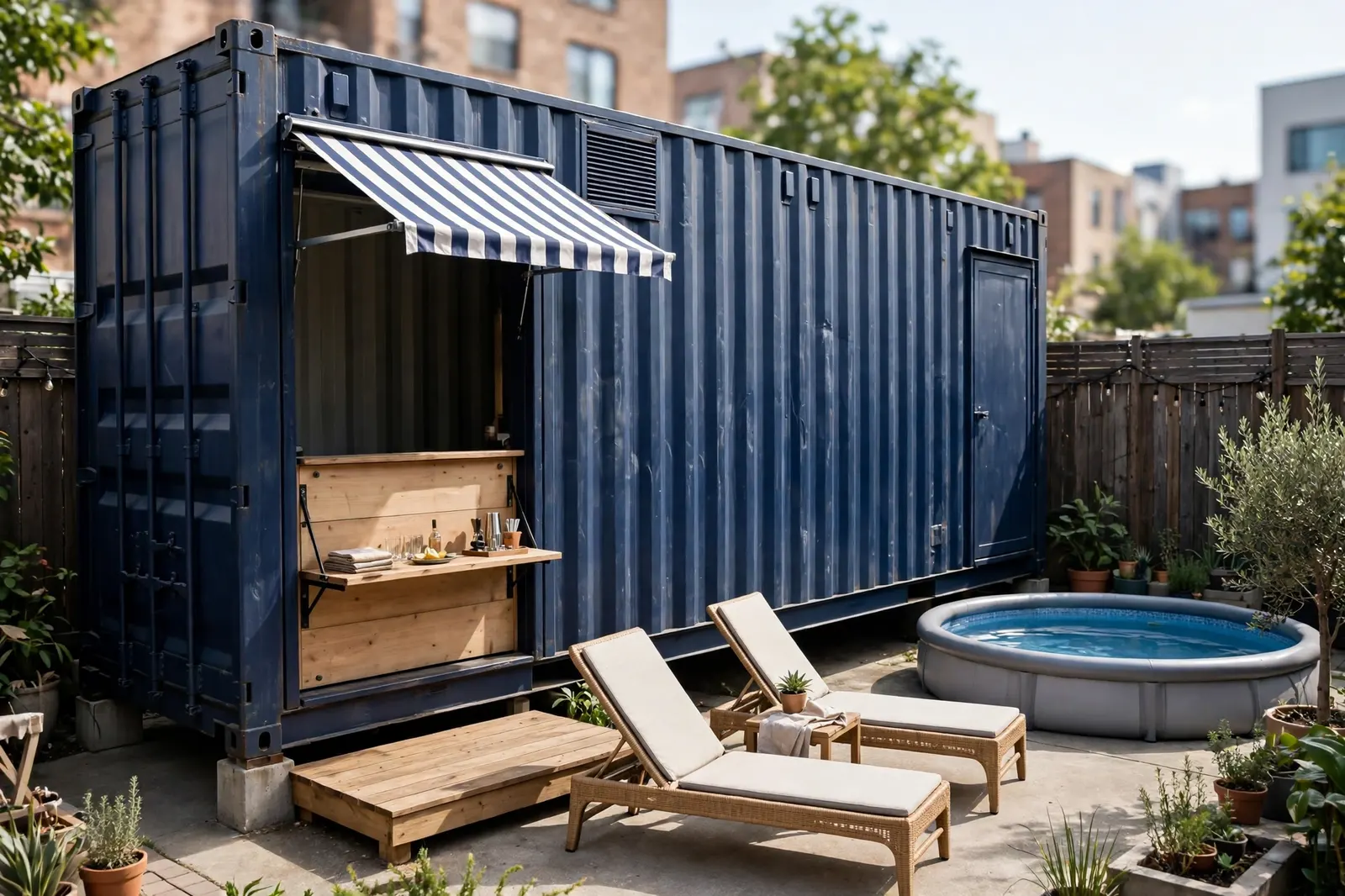 A navy 20ft container micro pool house with murphy bar and round above-ground pool