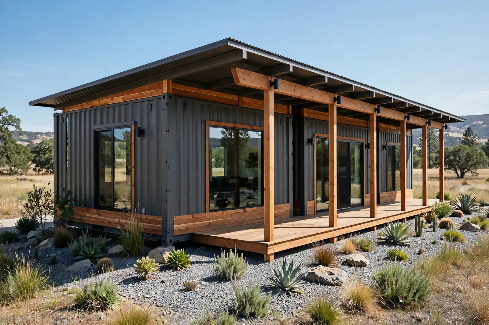 Three 20-foot shipping containers in a row with charcoal cladding and a long covered wooden walkway with a slanted metal roof along one side.