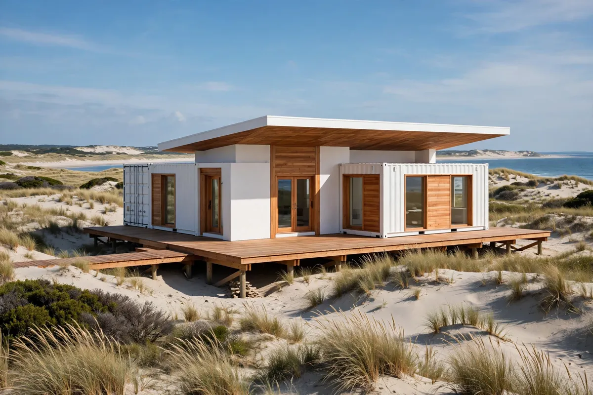 Container home in smooth white render with warm cedar accent panels around the entry on coastal dunes with a boardwalk deck