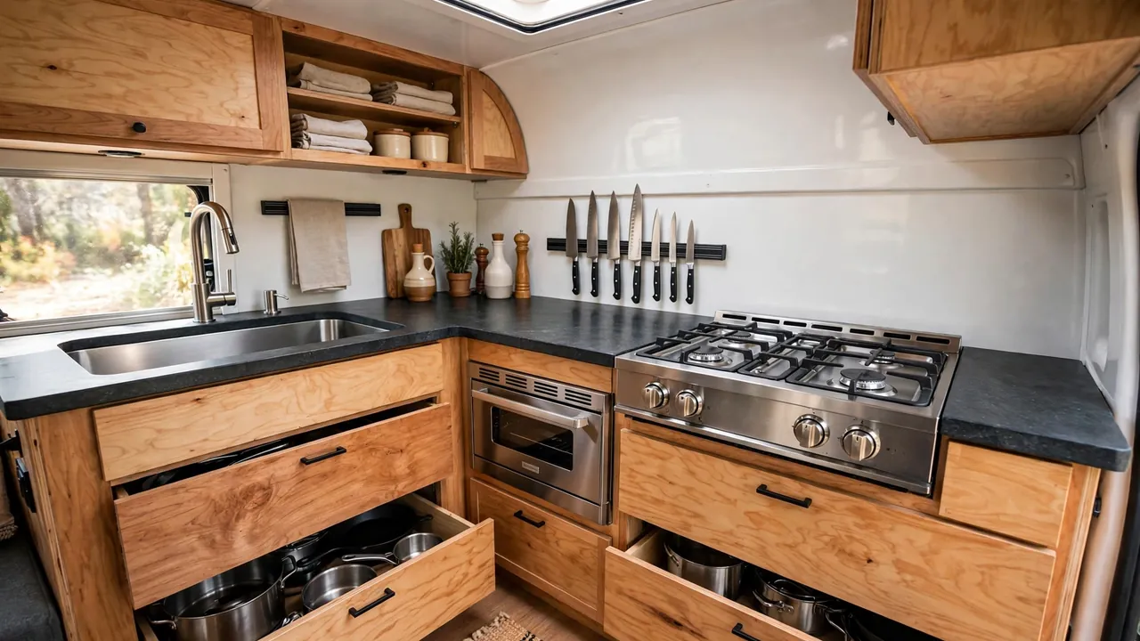 Gourmet high-roof camper van kitchen with convection oven and deep counters