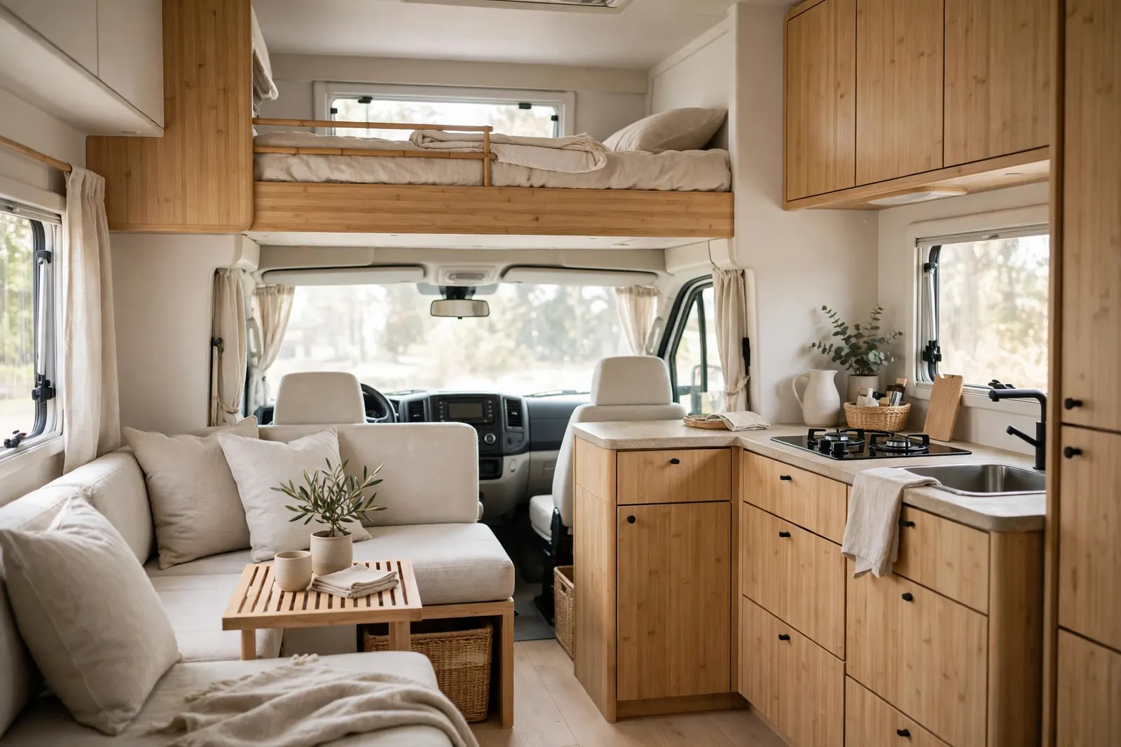 Renovated Class C motorhome interior in Japandi style with bamboo cabinetry, neutral linen lounge seating, simple cab-over bunk with undyed linen bedding, soft natural light.