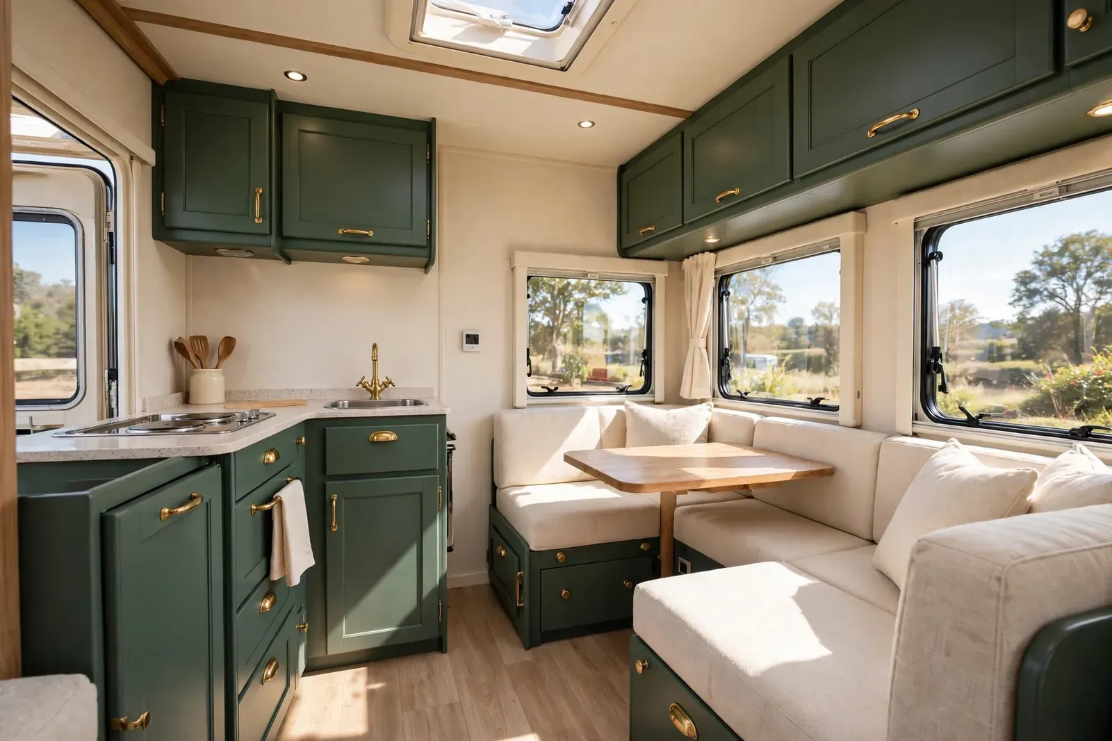 Hunter green and cream motorhome interior
