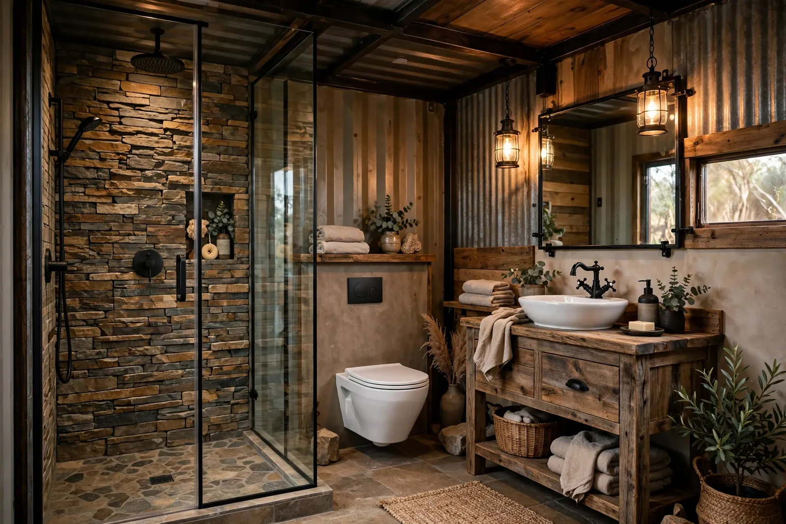 Complete container home bathroom with stacked stone accent wall, matte black iron fixtures, reclaimed wood vanity and walk-in stone shower